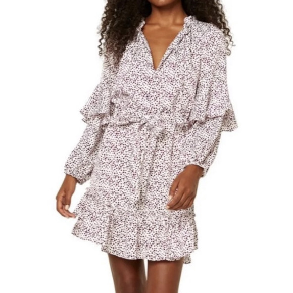 Misa Los Angeles Nehda Ruffle Mini Dress White Purple Dot Print Tie Waist Medium - Picture 1 of 11